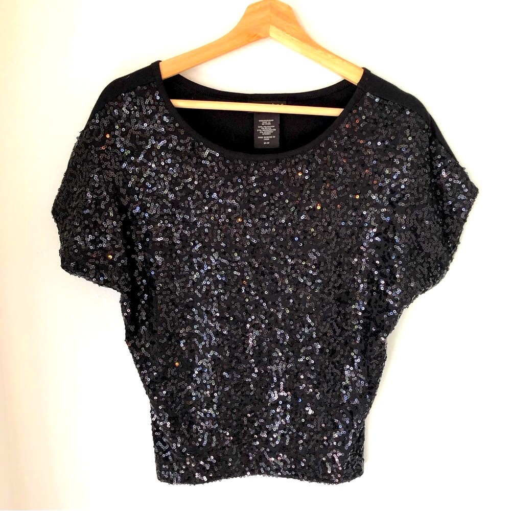 Metaphor Black Sequins Women’s S Petite Top Blouse Sparkling Drapey Blouson Chic